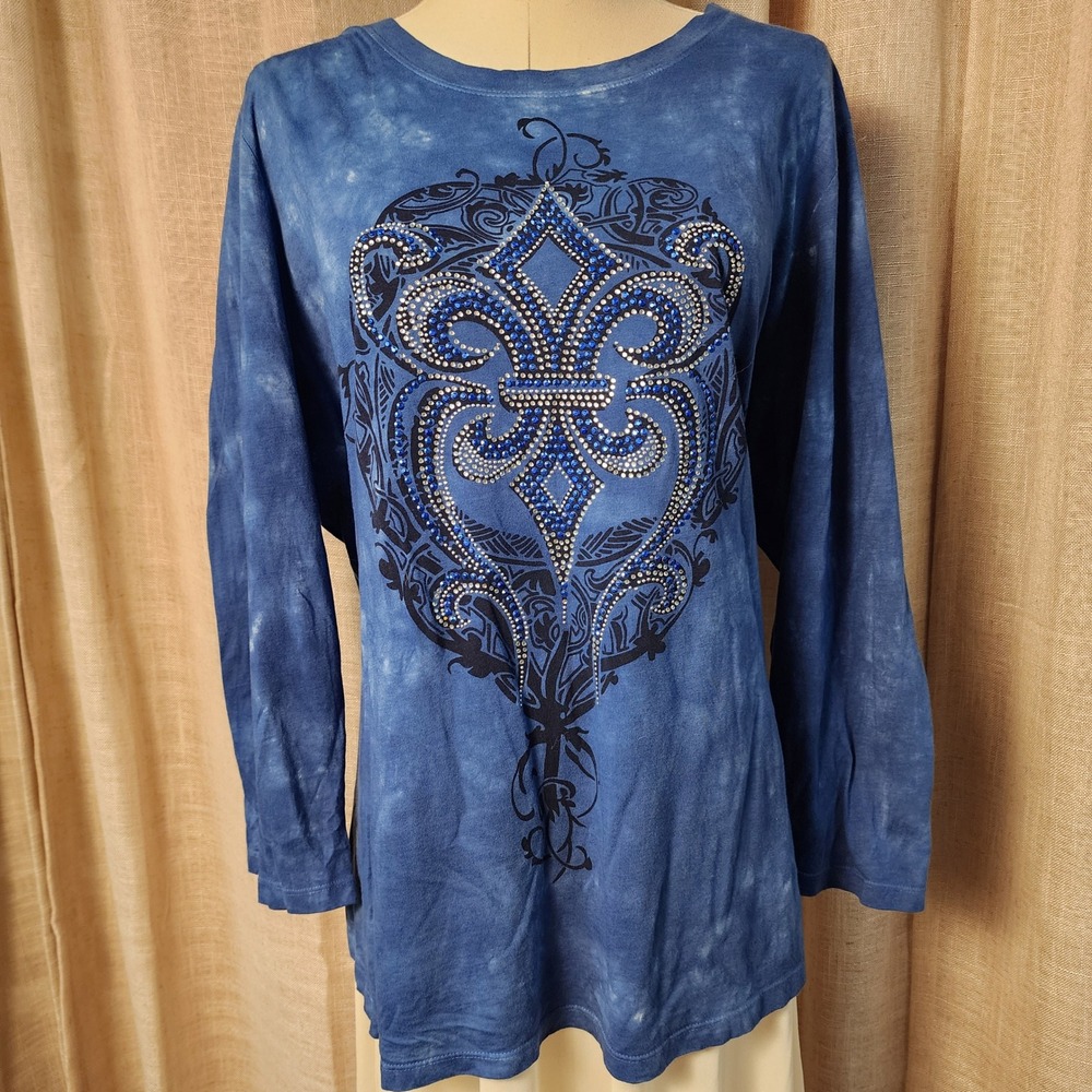Blue Tie Dye Fleur De Lis Rhinestone Graphic Long Sleeve Top Cotton Rayon L